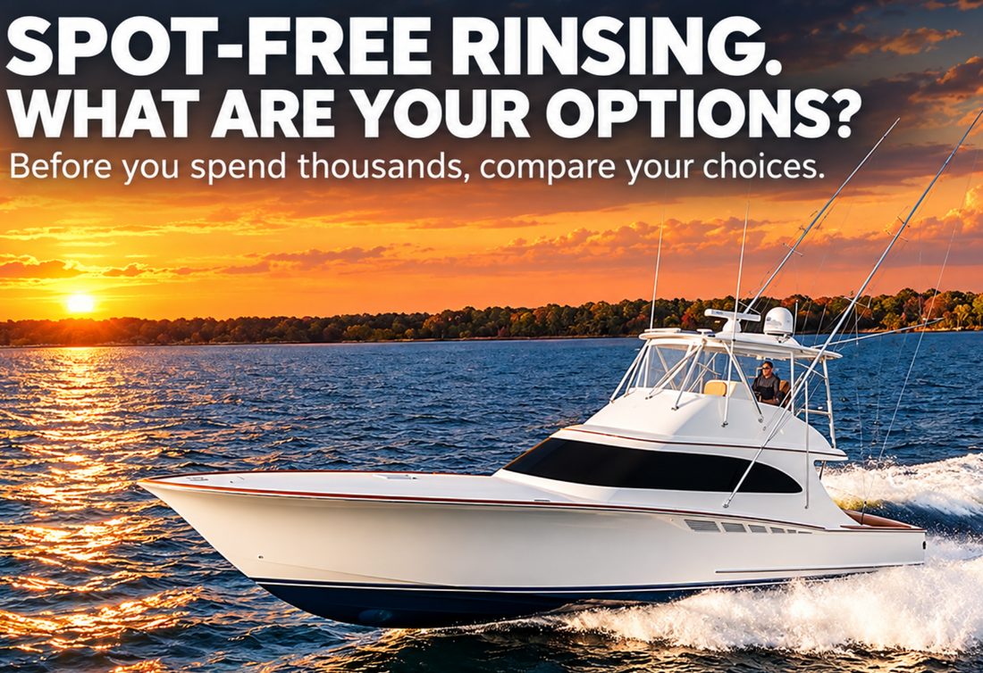 White sportfishing boat cruising at sunset with text: Spot-free rinsing. What are your options? Before you spend thousands, compare your choices.