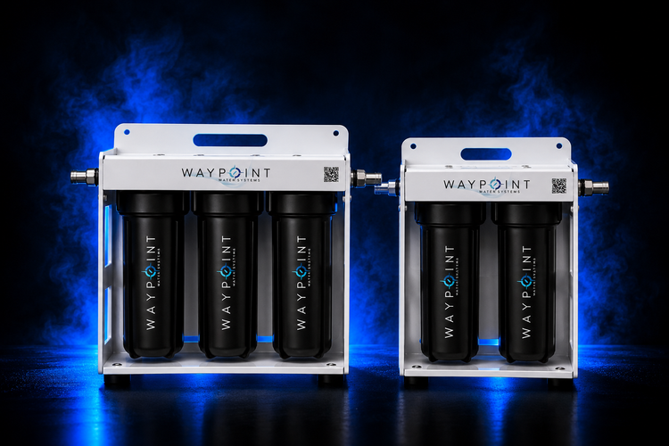 Waypoint premium marine filtration systems featuring dual-stage and triple-stage spot-free water units with DI filtration and carbon filters for boats and yachts