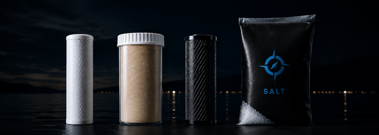 Premium marine water filtration replacement filters and water softener salt for yacht and boat spot-free water systems.